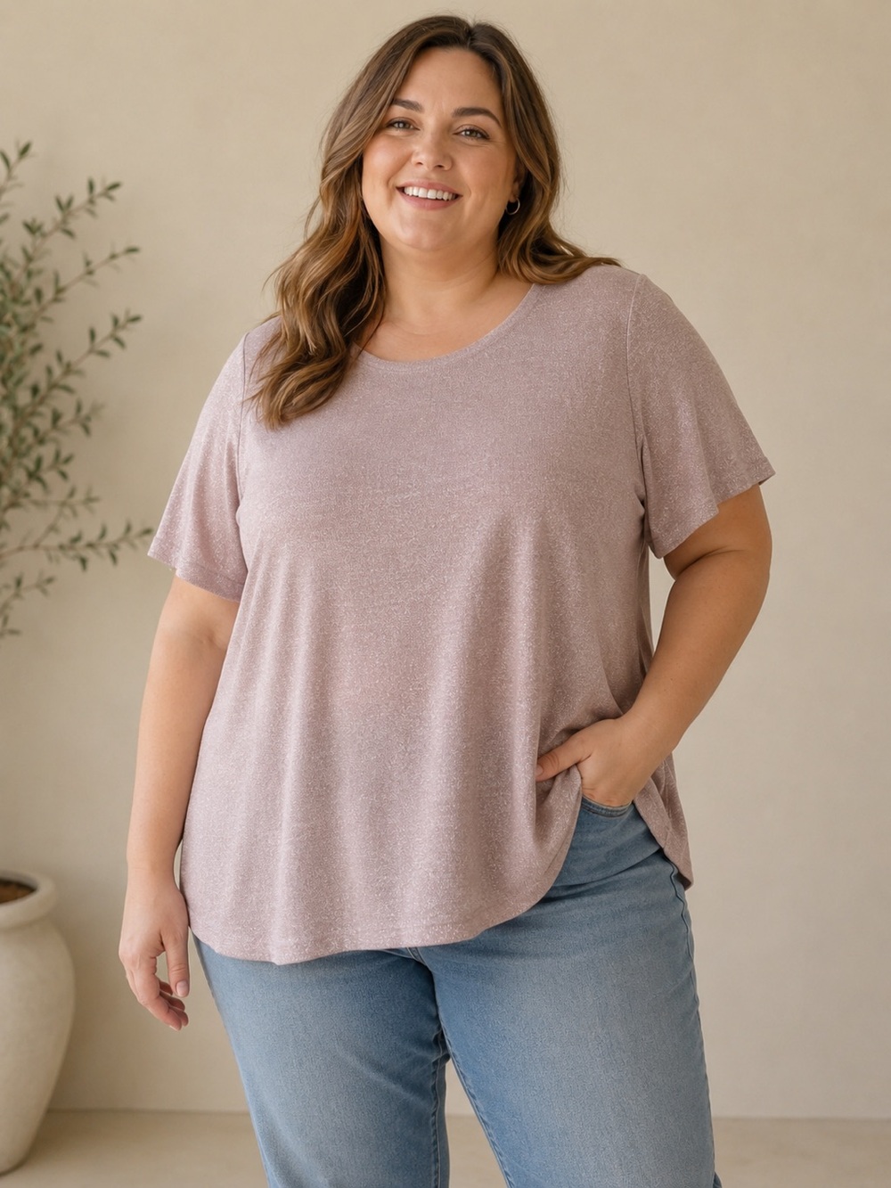 Pink Metallic Knit Short Sleeve Women's Top